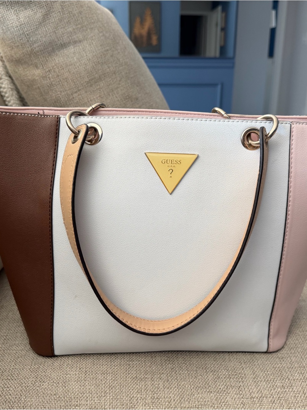 GUESS Colorblock Shoulder Tote in White, Brown & Pink